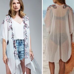 Boho Embroidered Sheer Gauze Tassel Tie Kimono/Cover-up